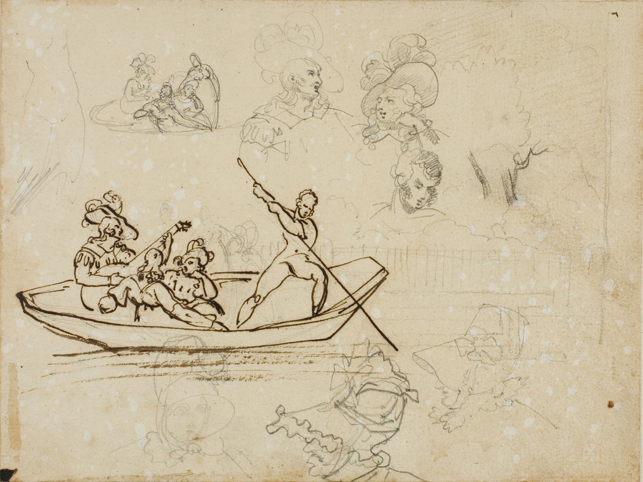 Luonnoksia musiikillisesta veneilyjuhlasta ja naisesta, jolla on pitkä hattu päässään. tekijältä Jean Louis André Théodore Géricault
