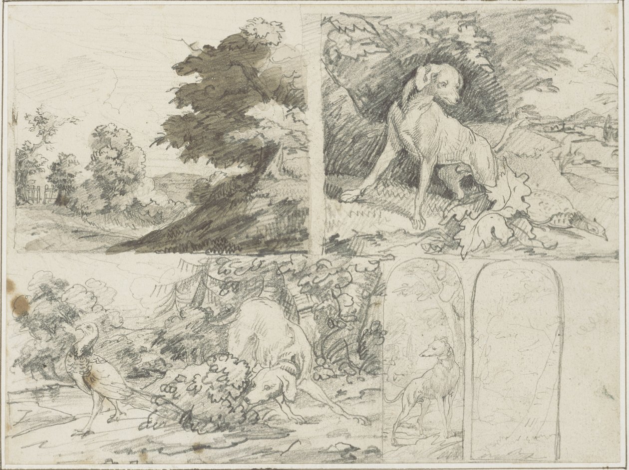 Luonnoksia metsäisestä paikasta, Koiria ja fasaaneja maisemissa tekijältä Jean Louis André Théodore Géricault