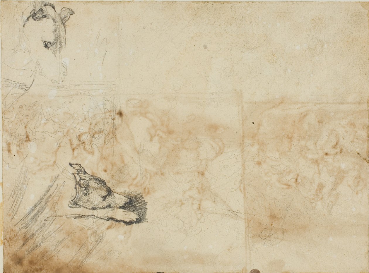 Luonnoksia ratsastustaistelusta ja vinttikoiran päähineestä tekijältä Jean Louis André Théodore Géricault