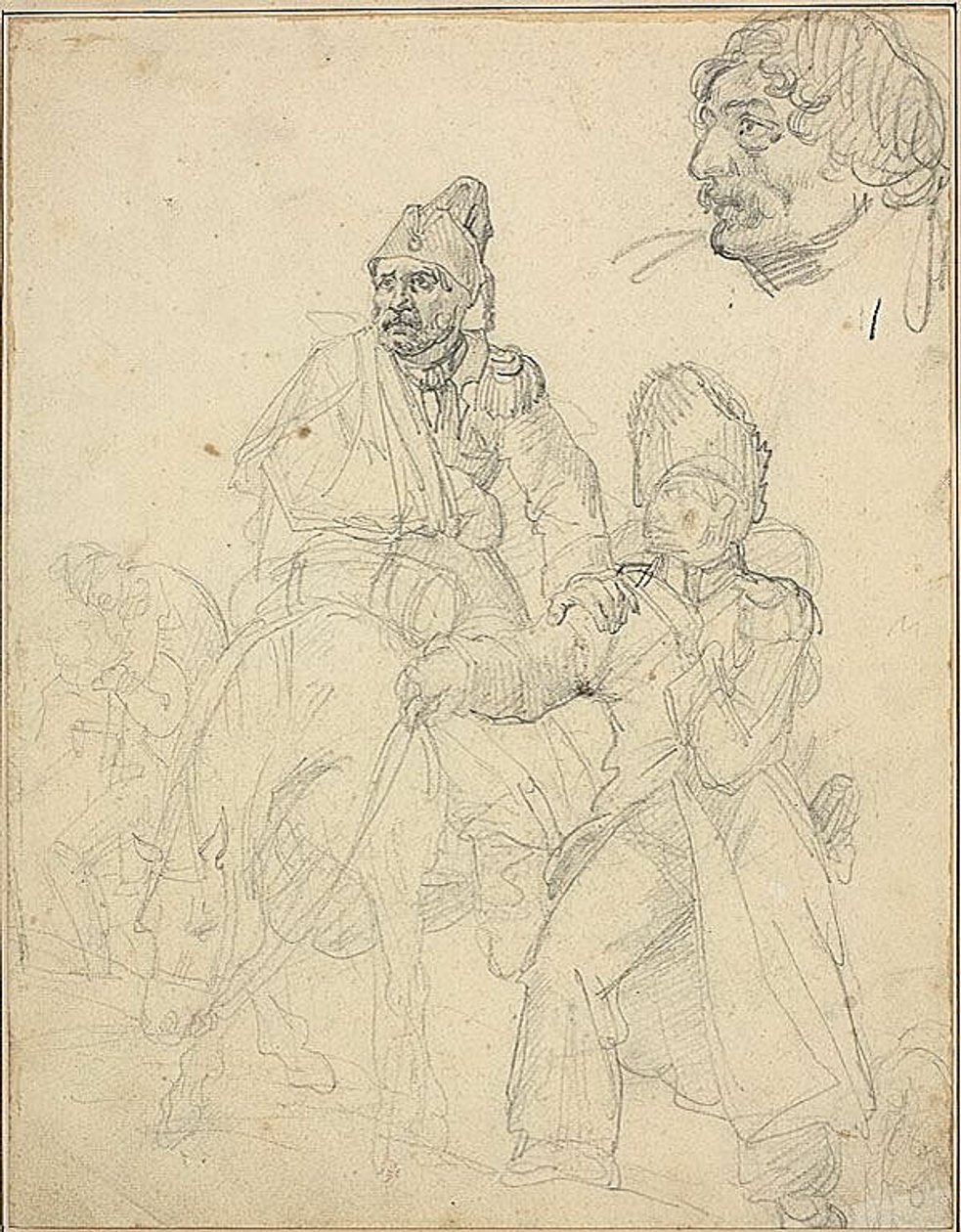 Tutkimus henkilöryhmästä, jossa on yksityiskohta krenatöörin päästä. tekijältä Jean Louis André Théodore Géricault