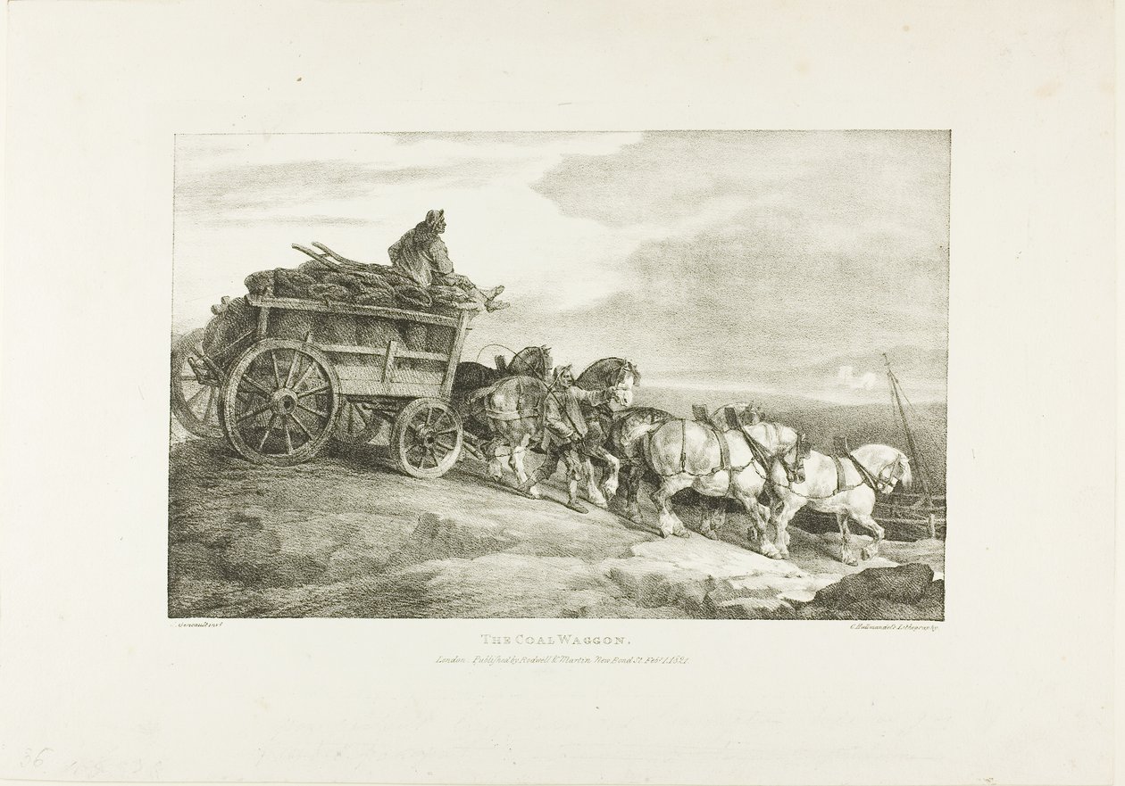 Hiilivaunu, levy 7 teoksesta Eri aiheet, jotka on piirretty elämästä kivelle. tekijältä Jean Louis André Théodore Géricault