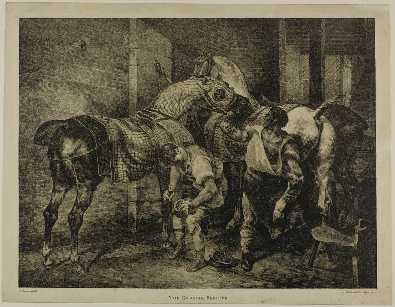 The English Farrier, levy 10 eri aiheista, jotka on piirretty elämästä kivelle. tekijältä Jean Louis André Théodore Géricault