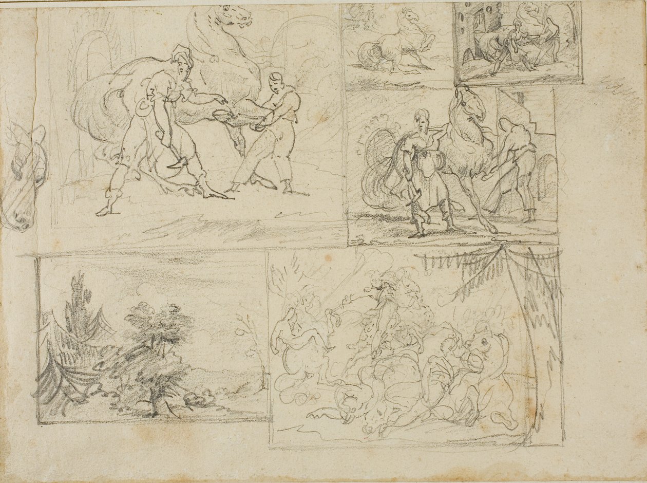 Kolme tutkimusta, joissa on luonnoksia metsäisestä maisemasta ja ratsuväen taistelusta. tekijältä Jean Louis André Théodore Géricault