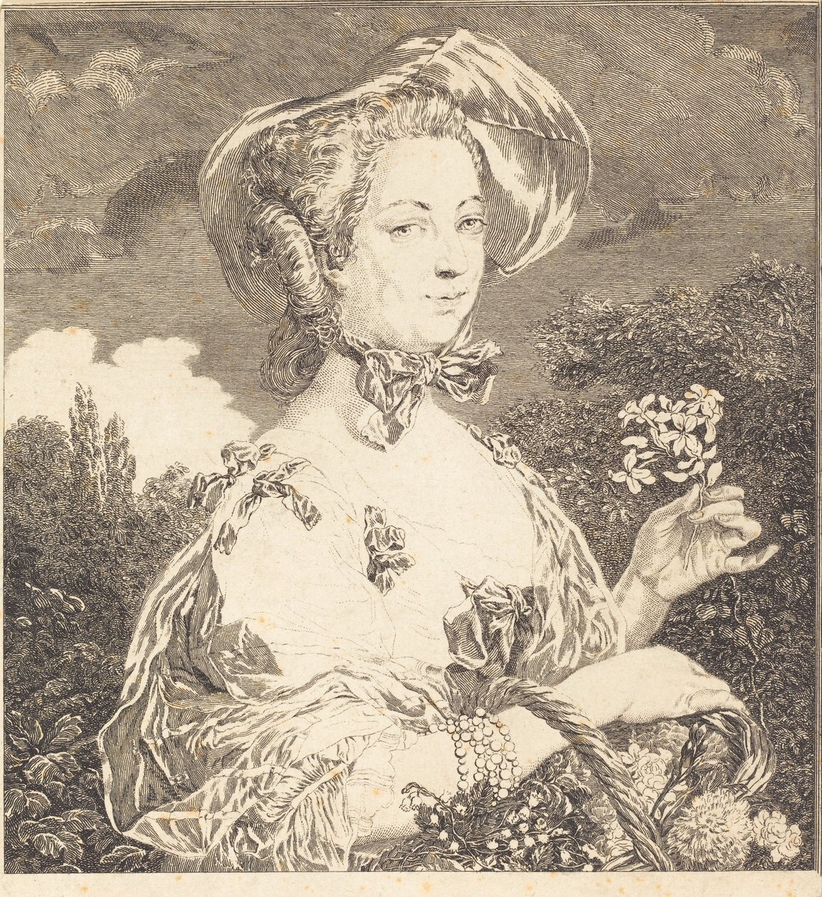 Marquise de Pompadour kauniina puutarhana tekijältä Jean Louis Anselin after Carle Van Loo