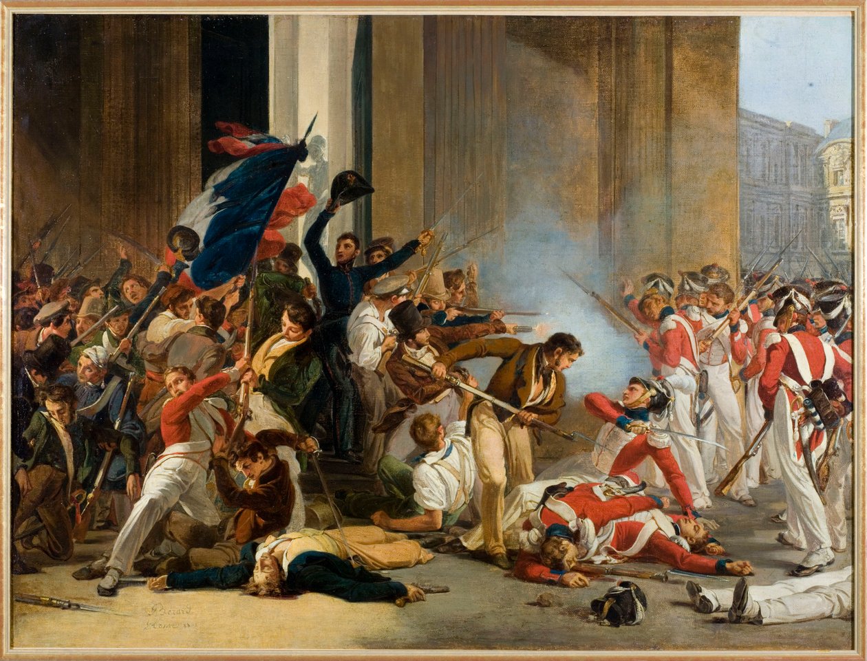 Ranska: Louvren valloitus 29. heinäkuuta 1830; Sveitsiläiskaartilaisten joukkomurha. tekijältä Jean Louis Bezard