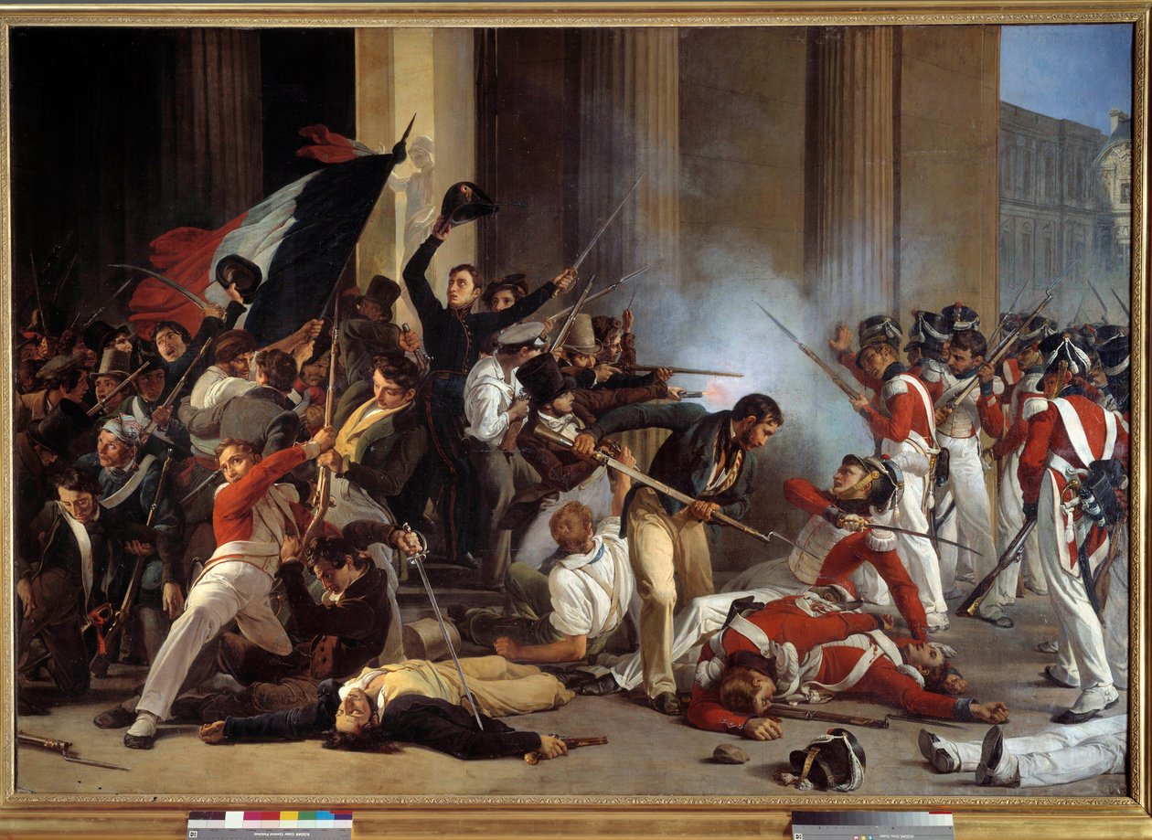 Vuoden 1830 vallankumous: "" Kolmen Glorieuksen aikana, louvre-palkinto 29/07/1830 et massacre des Guards Swiss"" Jean Louis Bezardin maalaus (1799-apres 1861) 1830 Su. 1,76 x 2,45 m Pariisi, museo Carnavalet - Vuoden 1830 vallankumous: "" Louvren ottamine tekijältä Jean Louis Bezard