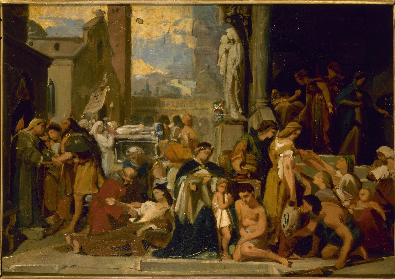 Pyhän Elisabethin kirkon luonnos: Seitsemän laupeudentyötä, ennen vuotta 1848 (öljy). tekijältä Jean Louis Bezard