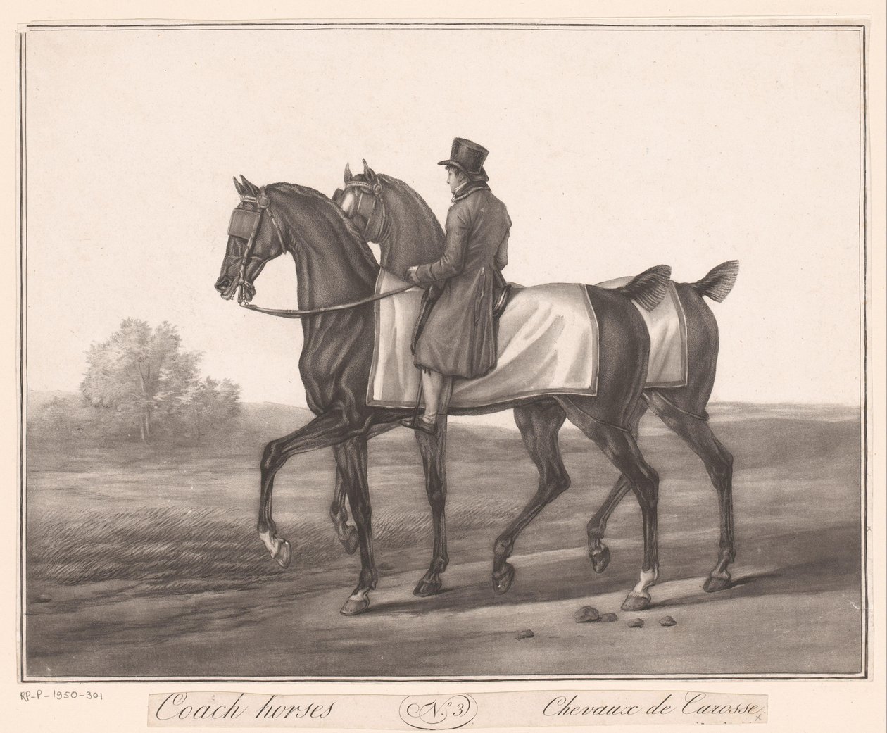 Ratsastaja seuraa kahta hevosta Chevaux de Carosse (otsikko esineessä) tekijältä Jean Louis Darcis (attributed to)