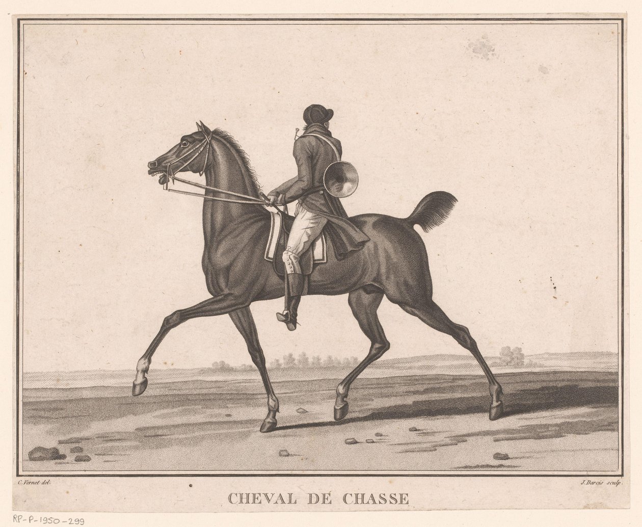 Ratsastaja hevosen selässä metsästystorvella Cheval de Chasse (nimi esineessä) Sujets de chevaux (sarjan nimi) tekijältä Jean Louis Darcis