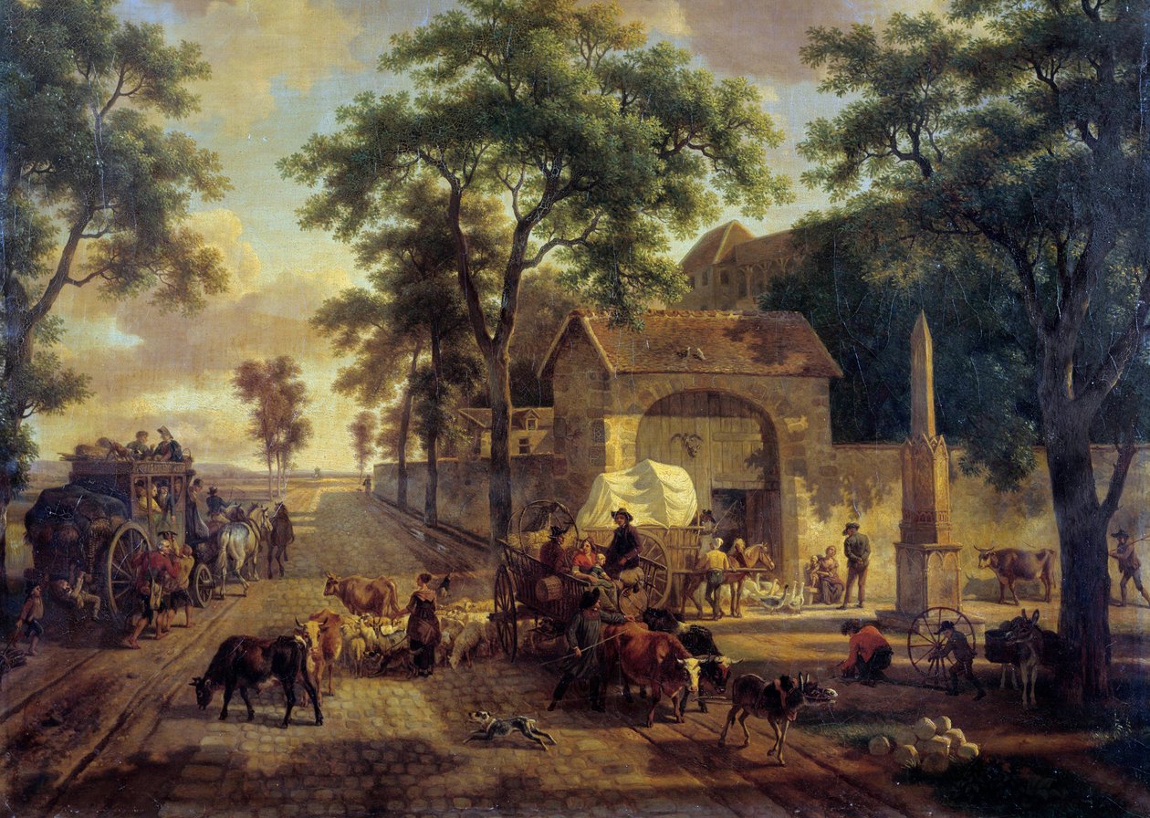 Maisematie, jolla on talonpoikien, laumien ja paimenten kärryt. Jean Louis Demarnen (1744-1829) maalaus 1800-luvulta. Himmeä. 0,5x0,61 m. tekijältä Jean Louis Demarne