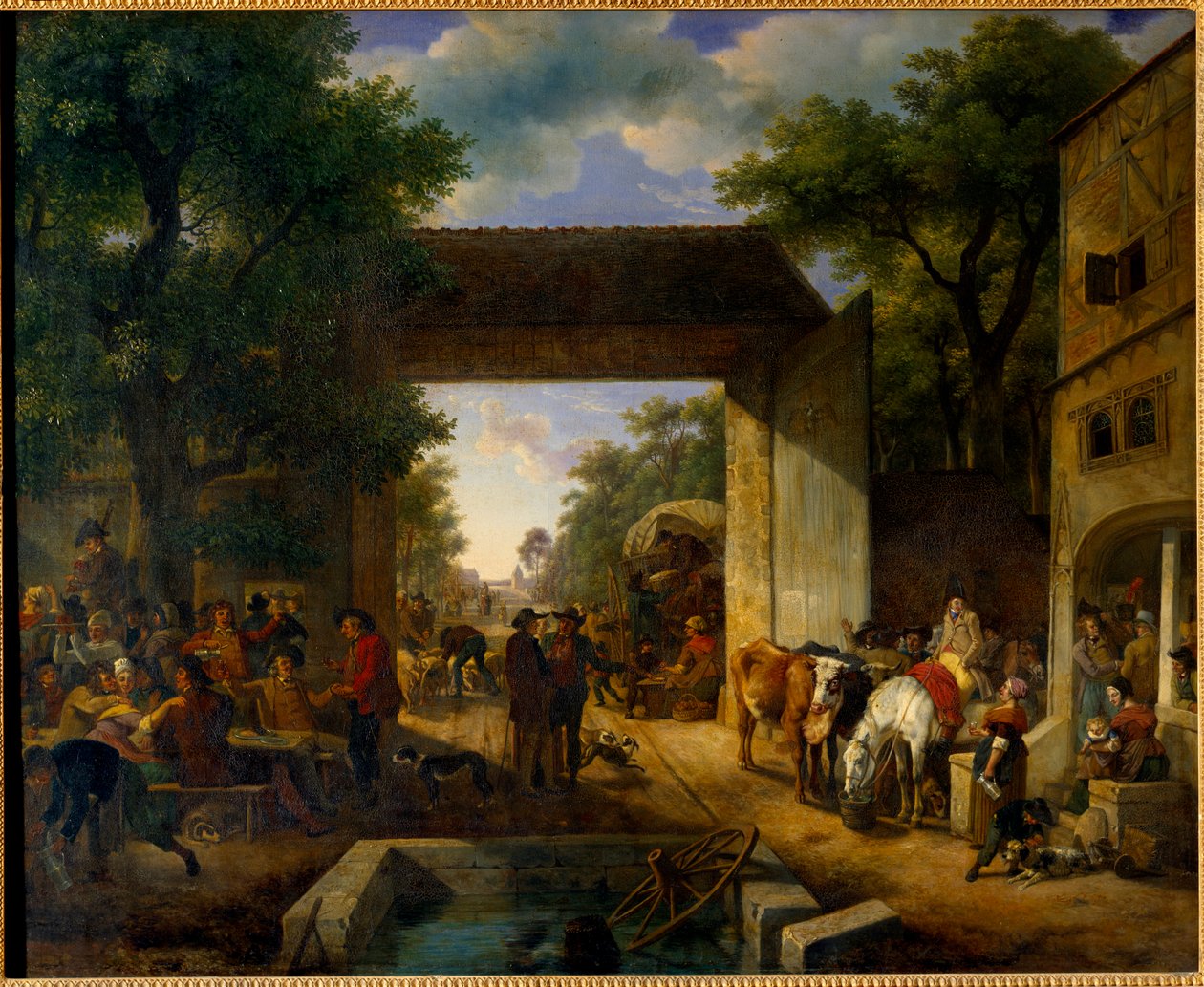 Messut majatalon ovella Jean Louis Demarnen (1744-1829) maalaus 1800-luvun su. 0,5x0,6 m tekijältä Jean Louis Demarne