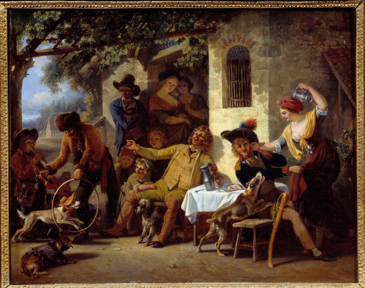 Suolat majatalon edessä Jean Louis Demarnen (1744-1829) maalaus 1823 Grenoble, Musee des Beaux Arts tekijältä Jean Louis Demarne