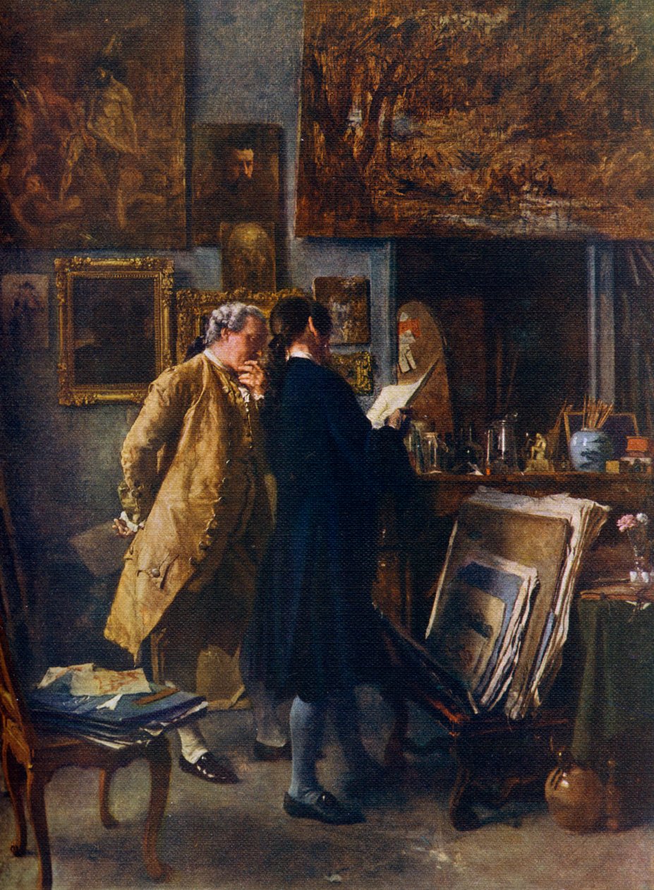 Taiteilija, joka esittelee töitään, c1850, 1912. tekijältä Jean Louis Ernest Meissonier