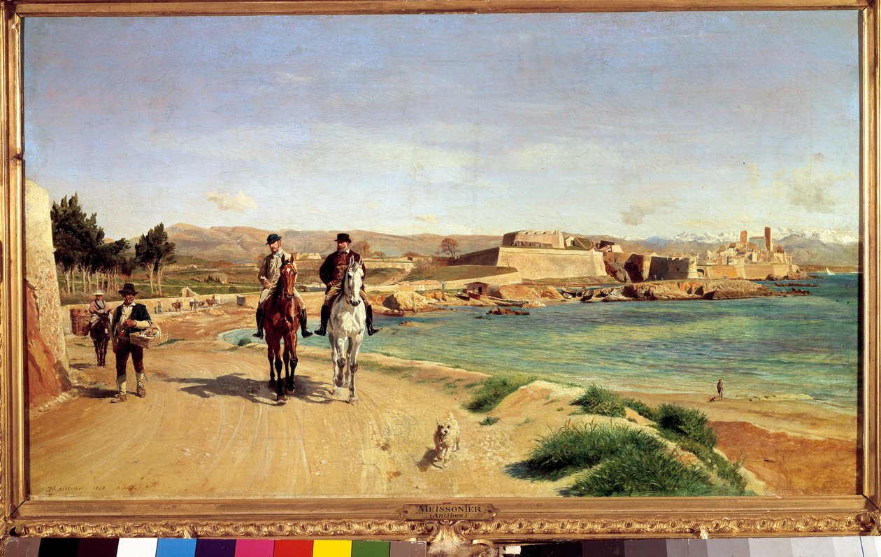 Antibes, ratsastus. Taiteilija ja hänen poikansa Charles (1848-1917), taidemaalari. Ernest Meissonierin (1815-1891) maalaus tekijältä Jean Louis Ernest Meissonier