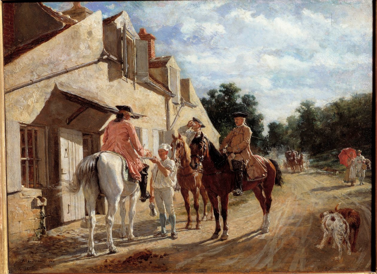 Au Tourne-morsian, joka tunnetaan myös nimellä Tournebride, ja Boys of Saint-Germain Horsemen pitää taukoa viestissä Saint Germainin ja Layen metsässä. Jean-Louis-Ernest Meissonier (1815-1891) maalaus 1860. Aurinko 0,17x0,23 m Pariisi, Musée d
