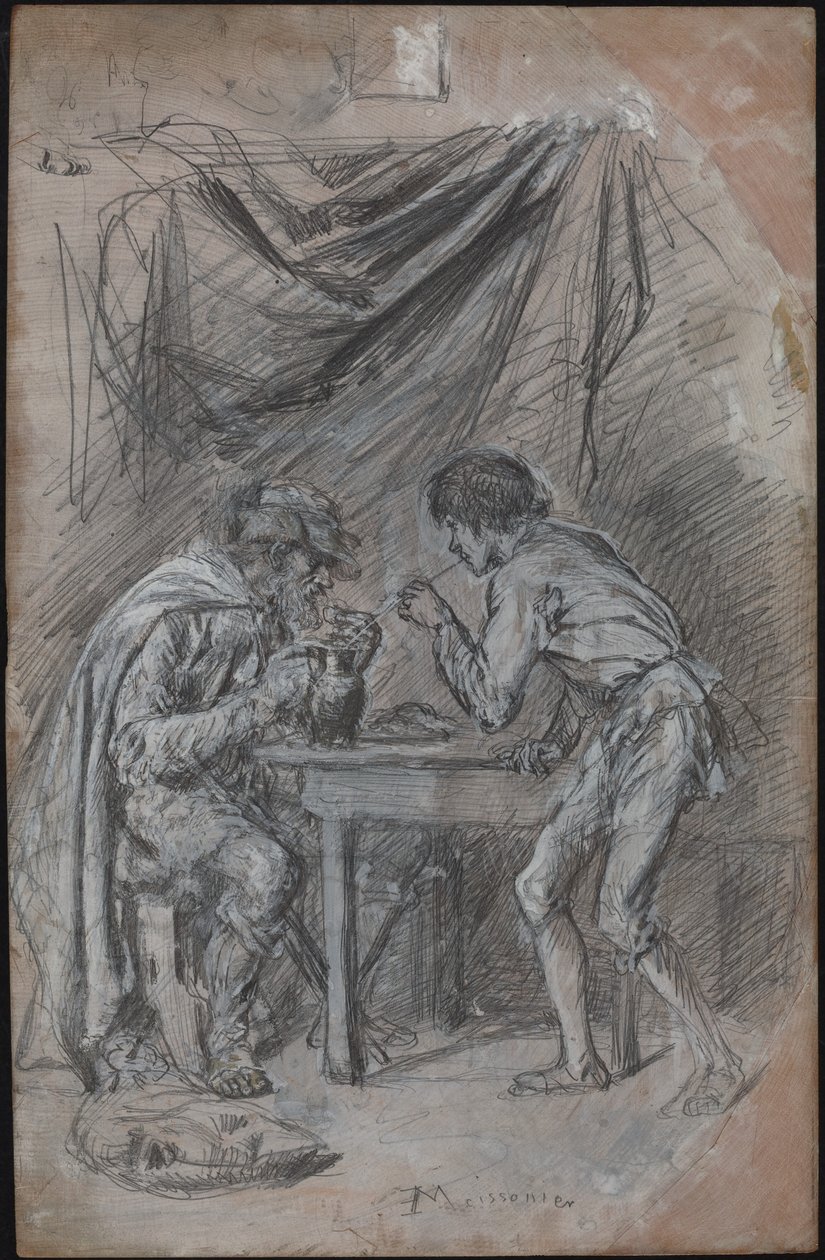 Lazarillo de Tormes varastaa juoman sokealta mieheltä tekijältä Jean Louis Ernest Meissonier