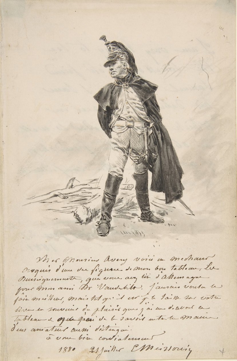 Kirje Samuel P. Averylle, jossa on piirustus sotilashahmosta, 1880. tekijältä Jean Louis Ernest Meissonier