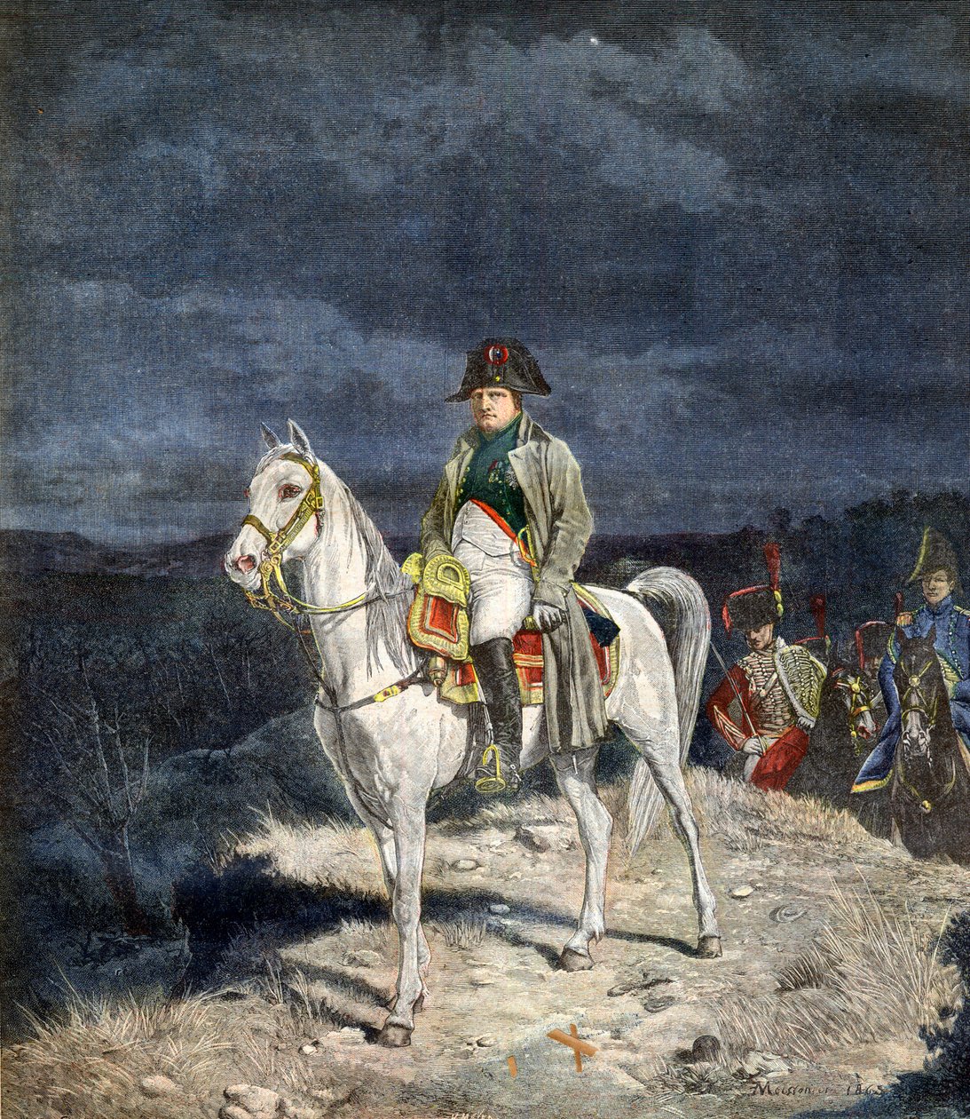 Ranskan keisari Napoleon I hevosen selässä 1814 - kaiverrus Meissonierin mukaan. tekijältä Jean Louis Ernest Meissonier