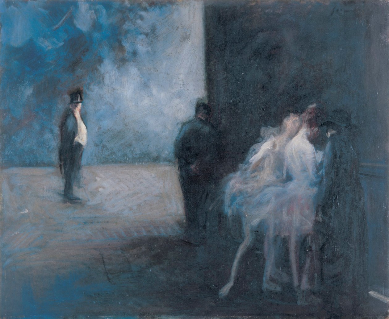 Kulissien takana - Sinfonia sinisellä par Forain, Jean Louis (1852-1931), Vuosina 1900-1923 - Öljy puulle, 45,3x54,7 - Ohara Museum of Art, Kurashiki tekijältä Jean Louis Forain