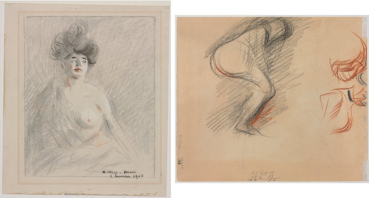 Kurtisaani (recto) Figuuriluonnokset (käänteinen) tekijältä Jean Louis Forain