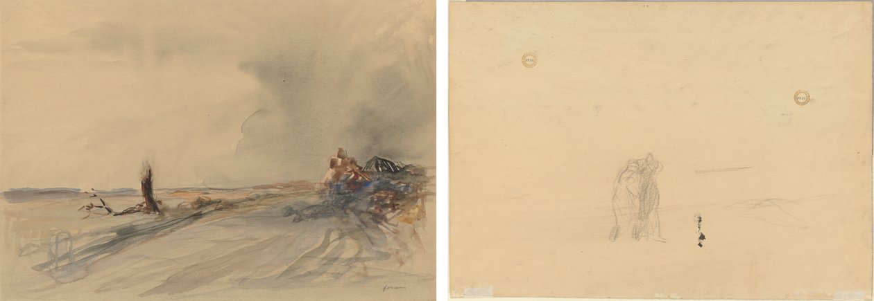 Tuhoutunut maa (recto); Figuurit maisemassa (käänteinen) tekijältä Jean Louis Forain
