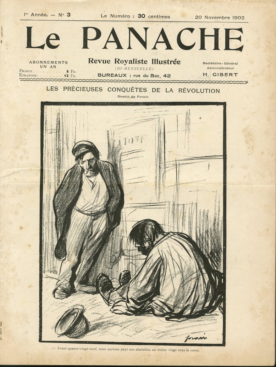 Jean-Louis Forainin (1852-1931) kuvitus Le Panachen, rojalistisen aikakauslehtikuvan kannelle tekijältä Jean Louis Forain