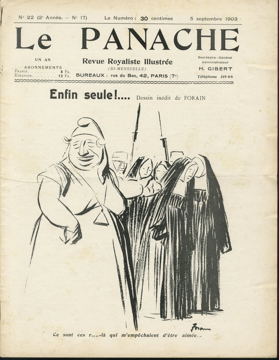 Jean-Louis Forainin (1852-1931) kuvitus Le Panachen kannelle, rojalistinen aikakauslehti, nro 20 tekijältä Jean Louis Forain