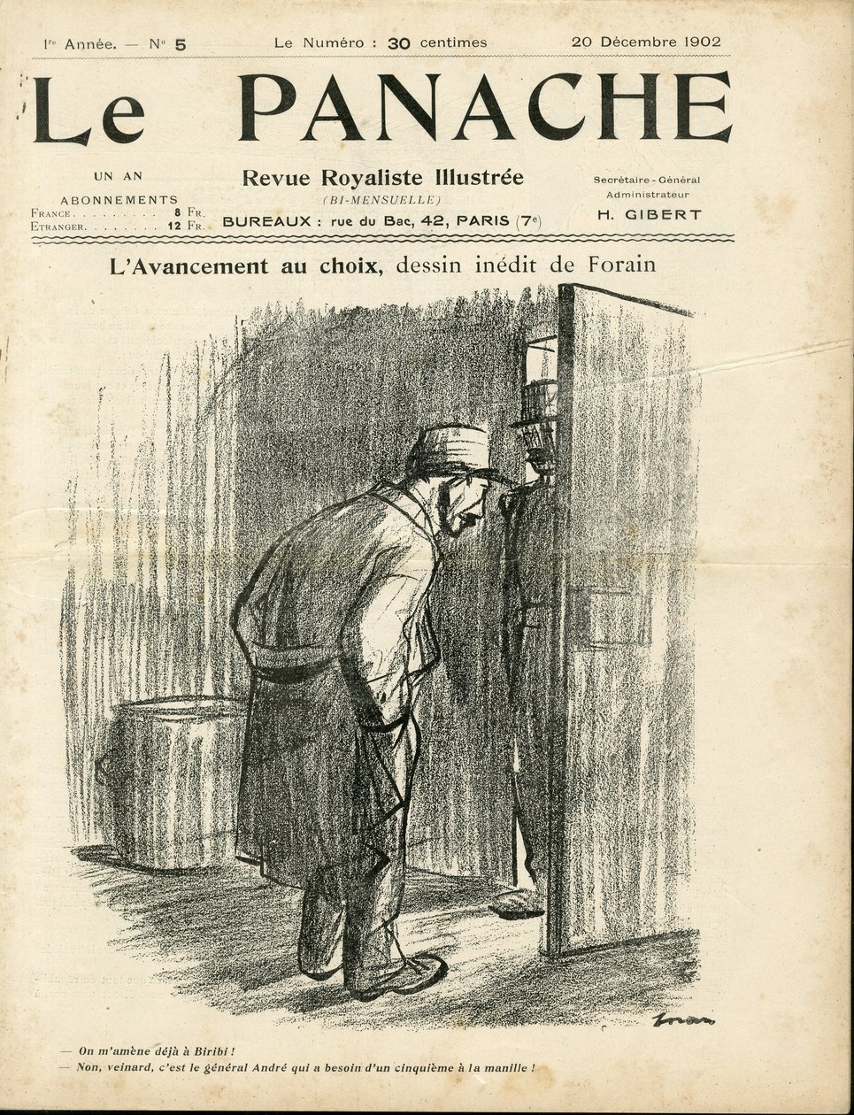 Jean-Louis Forainin (1852-1931) kuvitus Le Panachen, rojalistisen aikakauslehtikuvan kannelle tekijältä Jean Louis Forain