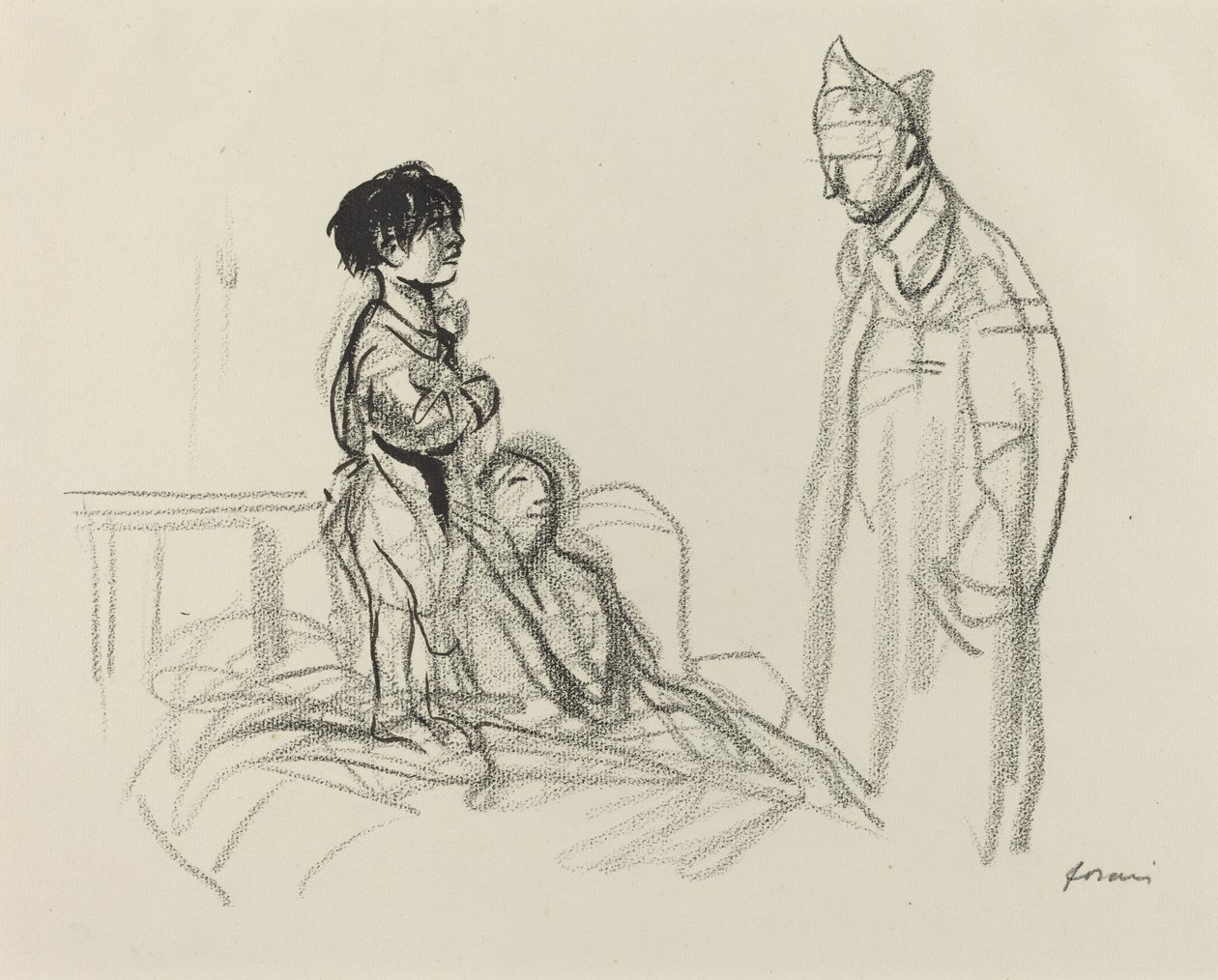 Äidin ja lapsen luona sotilas sairaalassa, n. 19141919. tekijältä Jean Louis Forain
