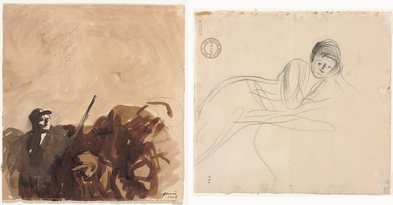 Sotilas kaivannossa (recto) Makaava nainen (käänteinen) tekijältä Jean Louis Forain