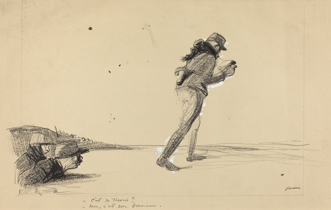 Edessä. - Se on hänen teoriansa - Ei, se on hänen breviaarinsa., c. 19141919. tekijältä Jean Louis Forain