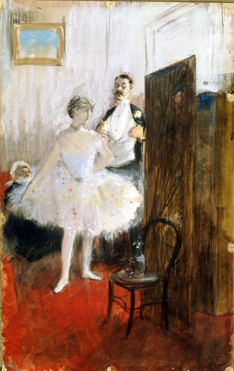 Pukuhuone, n. 1890 (pastelli ja guassi paperille) tekijältä Jean Louis Forain