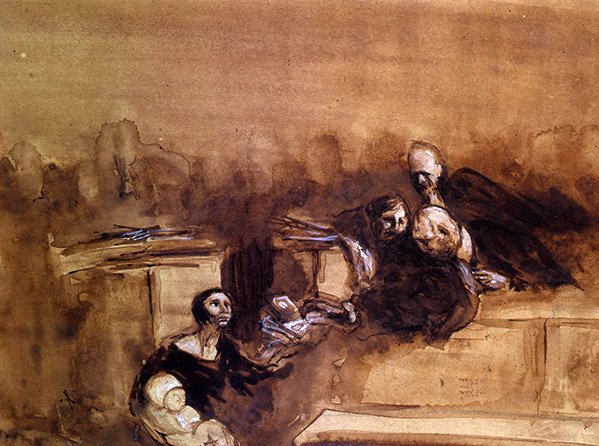 Toivoton oikeusjuttu (kynä ja pesu valkoisella korosteella paperilla) tekijältä Jean Louis Forain