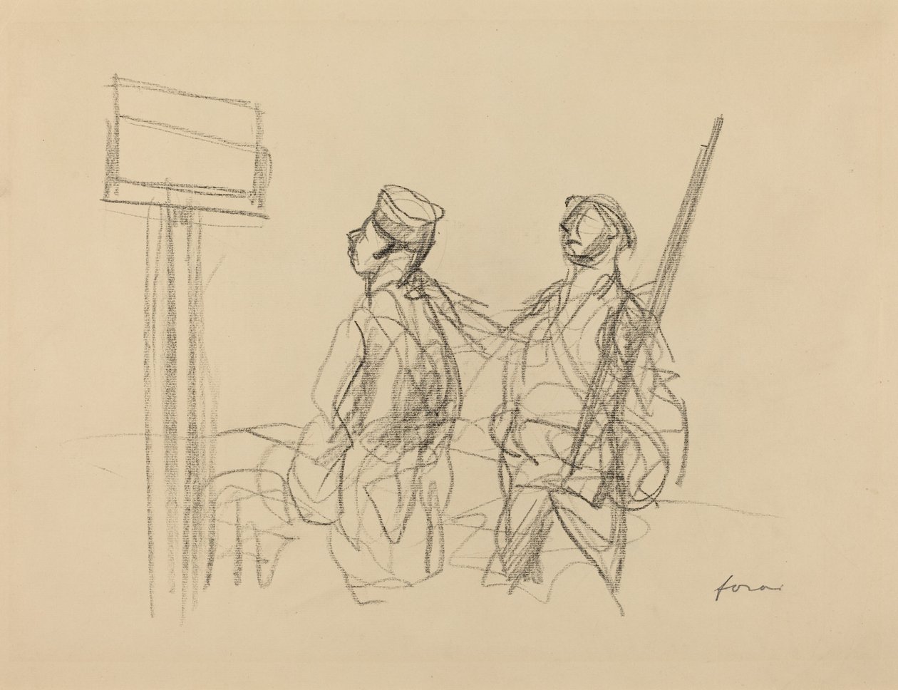 Kaksi sotilasta katsomassa kylttiä, luultavasti 1918. tekijältä Jean Louis Forain