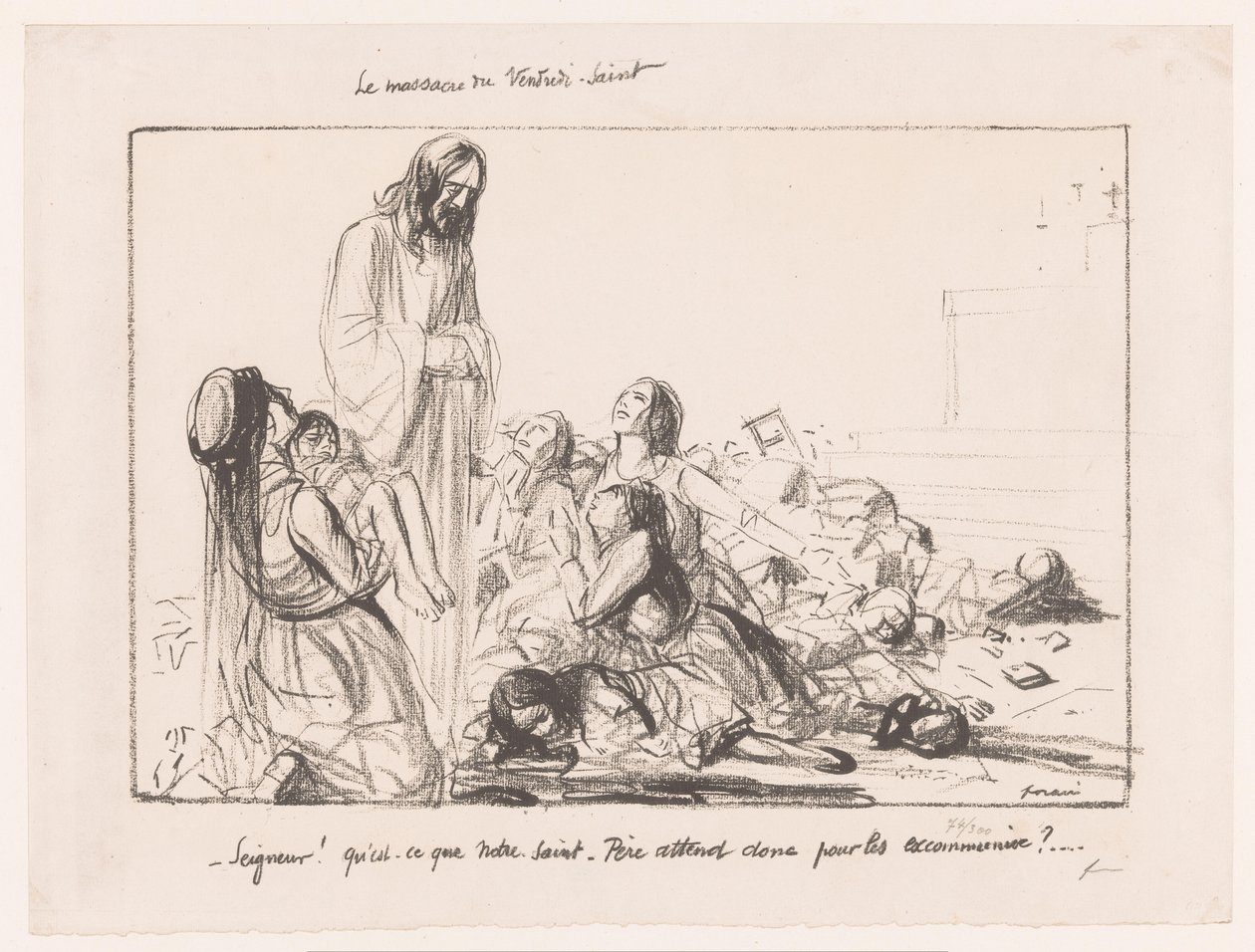 Naiset pommikirkossa tuomitsevat Kristuksen Le massacre du Vendredi-Saint (otsikko esineessä) tekijältä Jean Louis Forain