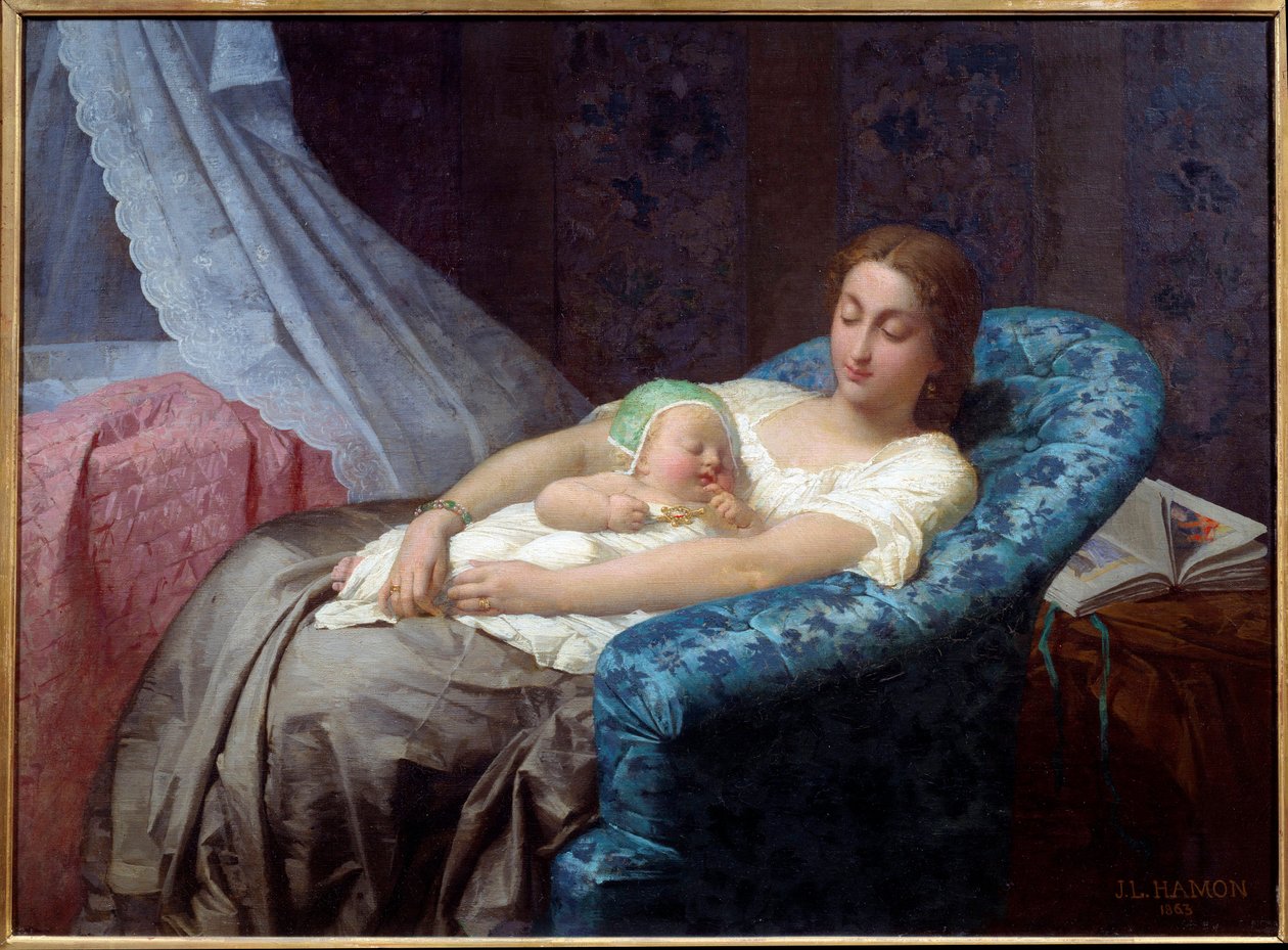 Jean Louis Hamonin (1821-1874) Nuori äiti maalaus 1863 Nantes, Musee des Beaux Arts tekijältä Jean Louis Hamon