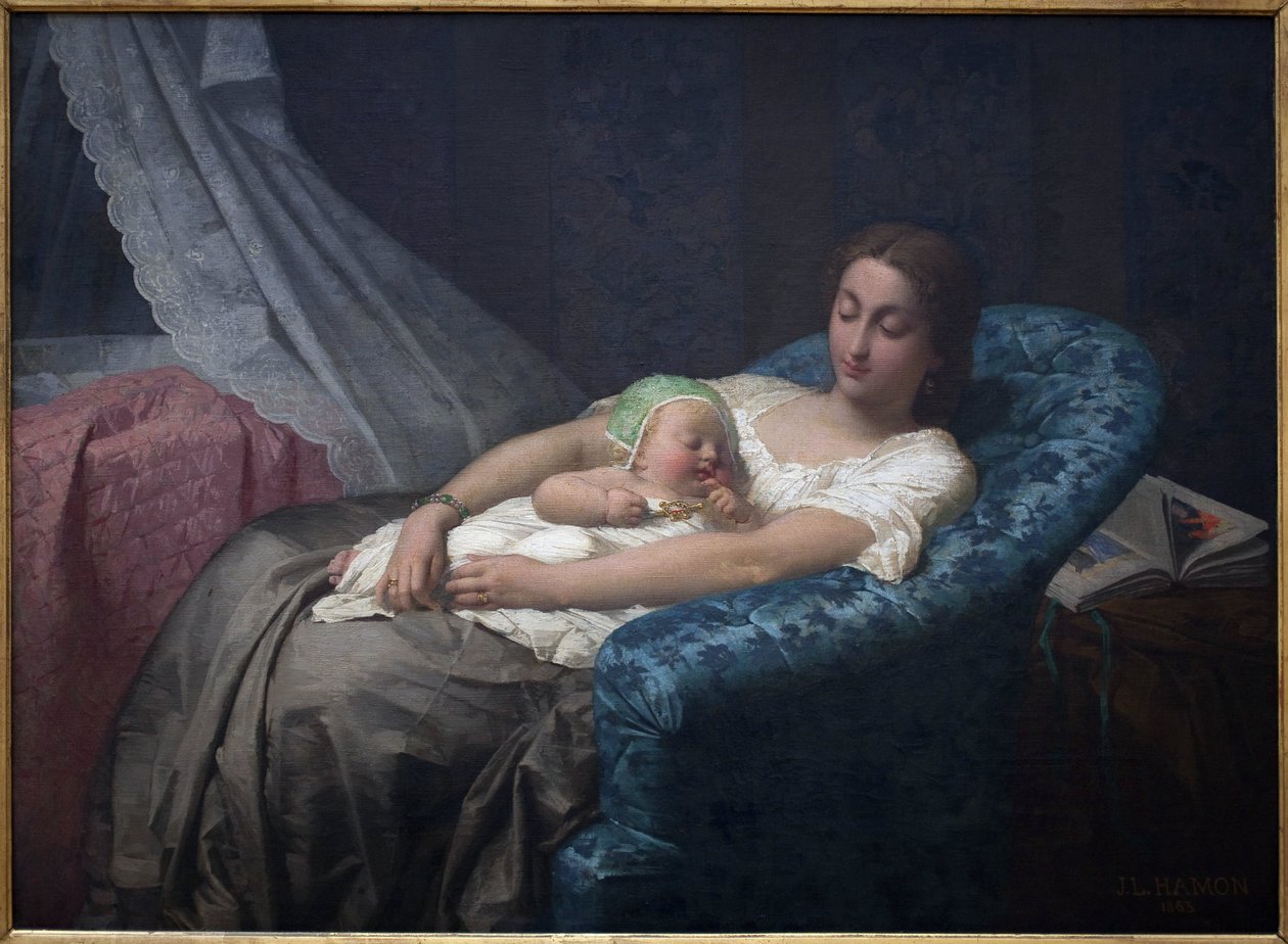 Nuori äiti. Jean Louis Hamonin (1821-1874) maalaus Öljy kankaalle tekijältä Jean Louis Hamon