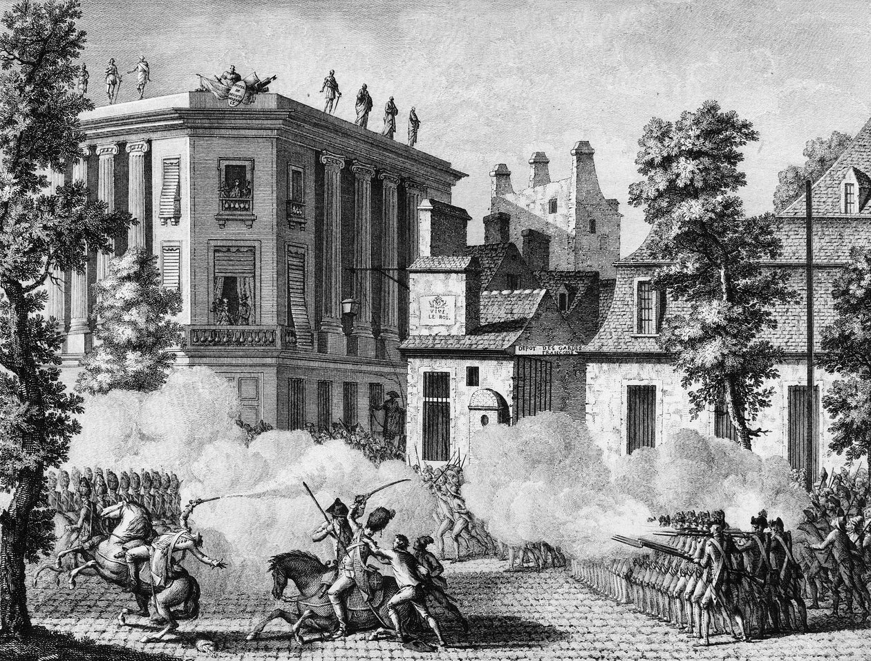 Ranskan vallankumous: Toiminta Saksan kuninkaallisen ja Ranskan Kaartin välillä Ranskan Kaartin varikolla 12. heinäkuuta tekijältä Jean Louis II (after) Prieur