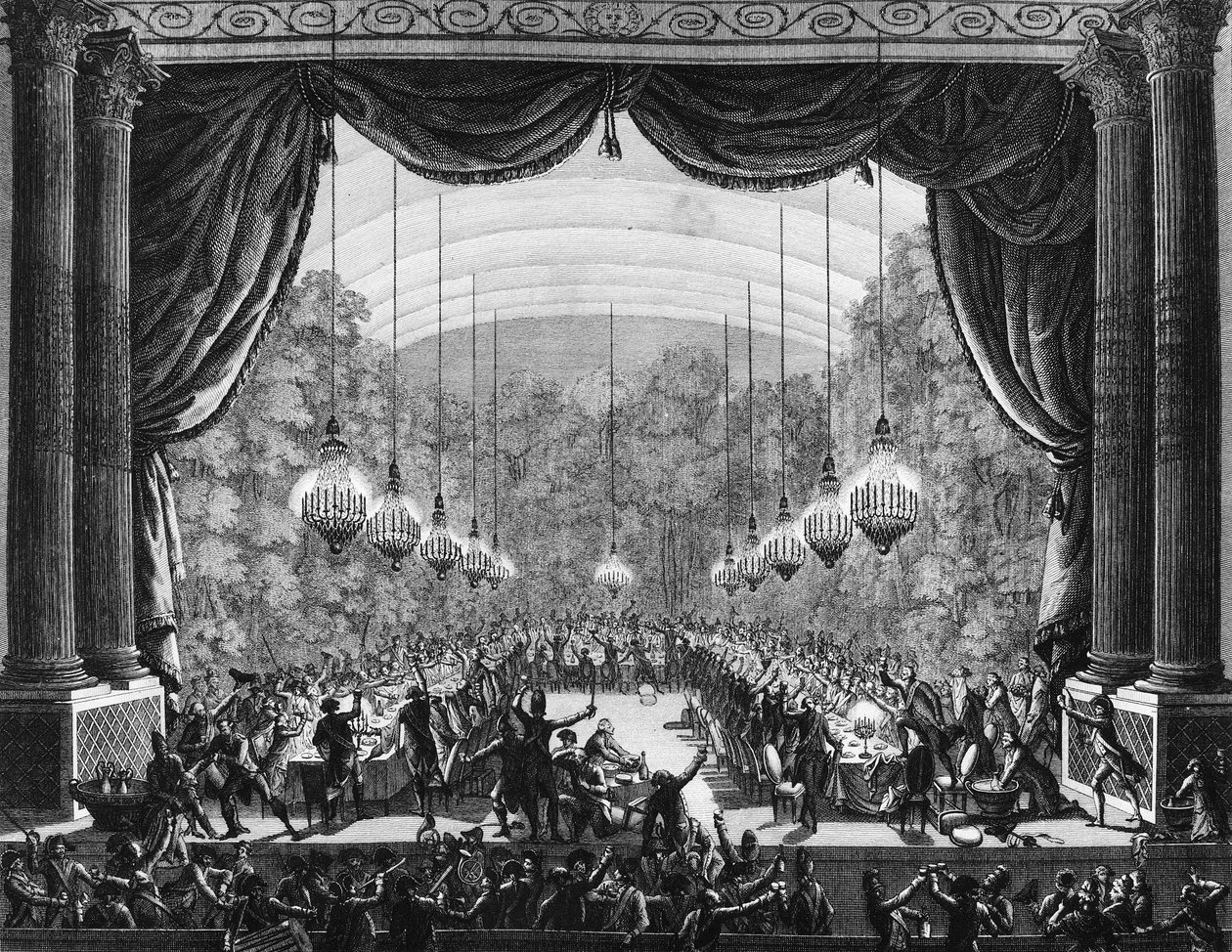 Ranskan vallankumous: henkivartijoiden juhlatilaisuus 1. lokakuuta 1789 Versailles
