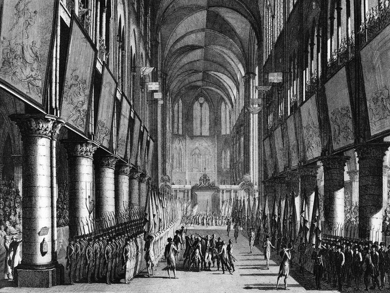 Ranskan vallankumous: Monsignor Juignen siunaus kansalliskaartin lippuille Notre Damen kirkossa 27. syyskuuta tekijältä Jean Louis II (after) Prieur