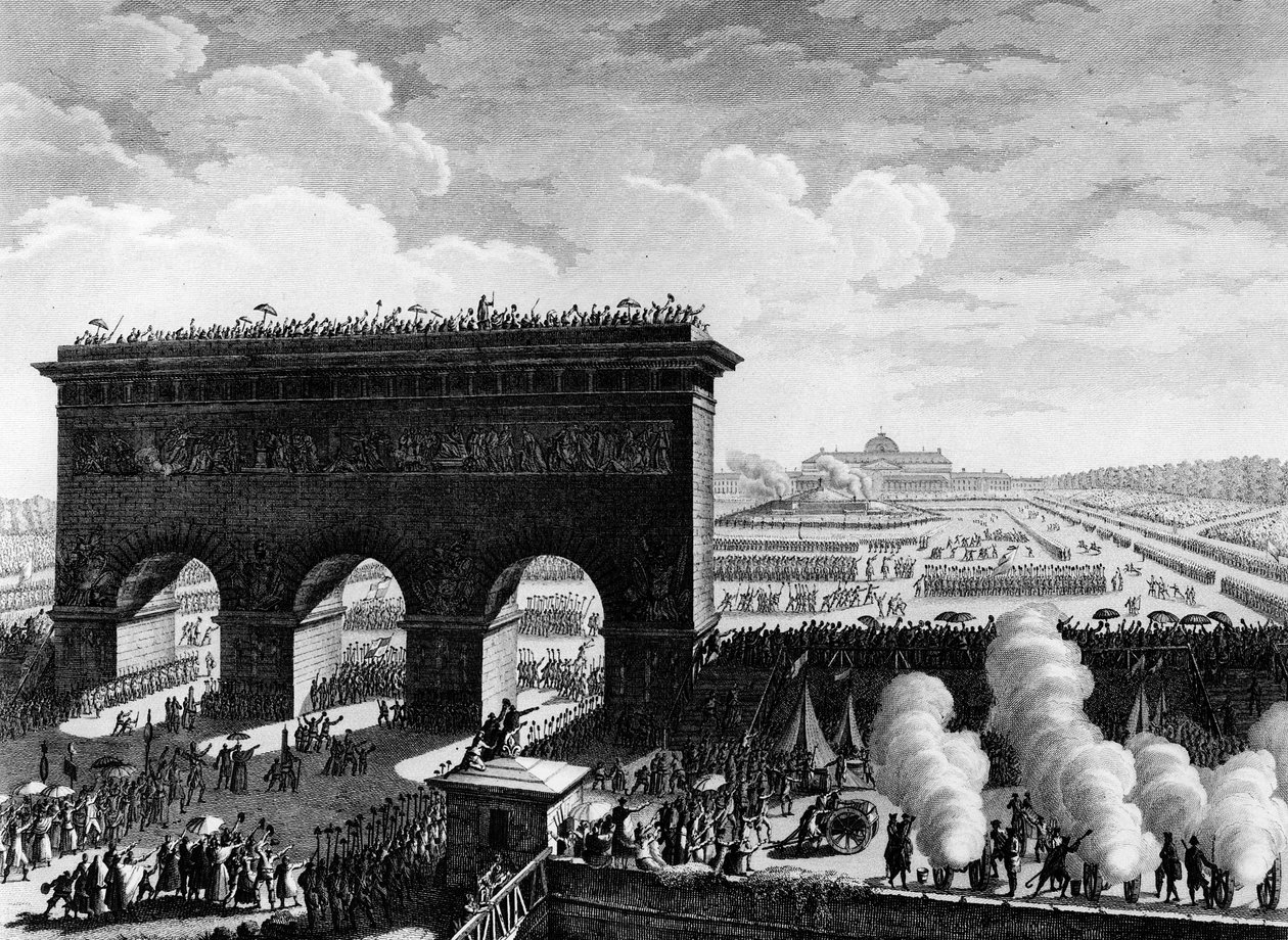 Ranskan vallankumous: Federaation juhla 14. heinäkuuta 1790 Champs de Marsilla Pariisissa. Kaiverrus Berthaut Priorin jälkeen. Pariisi, Vallankumouksen historian instituutin kirjasto tekijältä Jean Louis II (after) Prieur