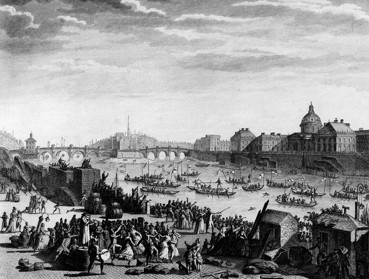 Ranskan vallankumous: Juhla teloitettiin liiton muistoksi: peli Seine-joella Pariisissa 18. heinäkuuta tekijältä Jean Louis II (after) Prieur