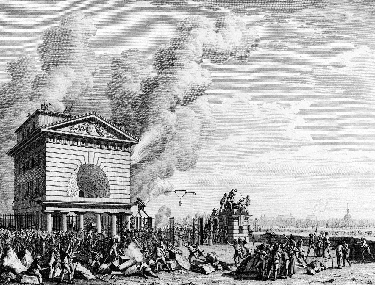 Ranskan vallankumous: Pariisin konferenssin muurin tulipalo 12. heinäkuuta 1789. Berthautin kaiverrus Priorin jälkeen. Pariisi, Institut d