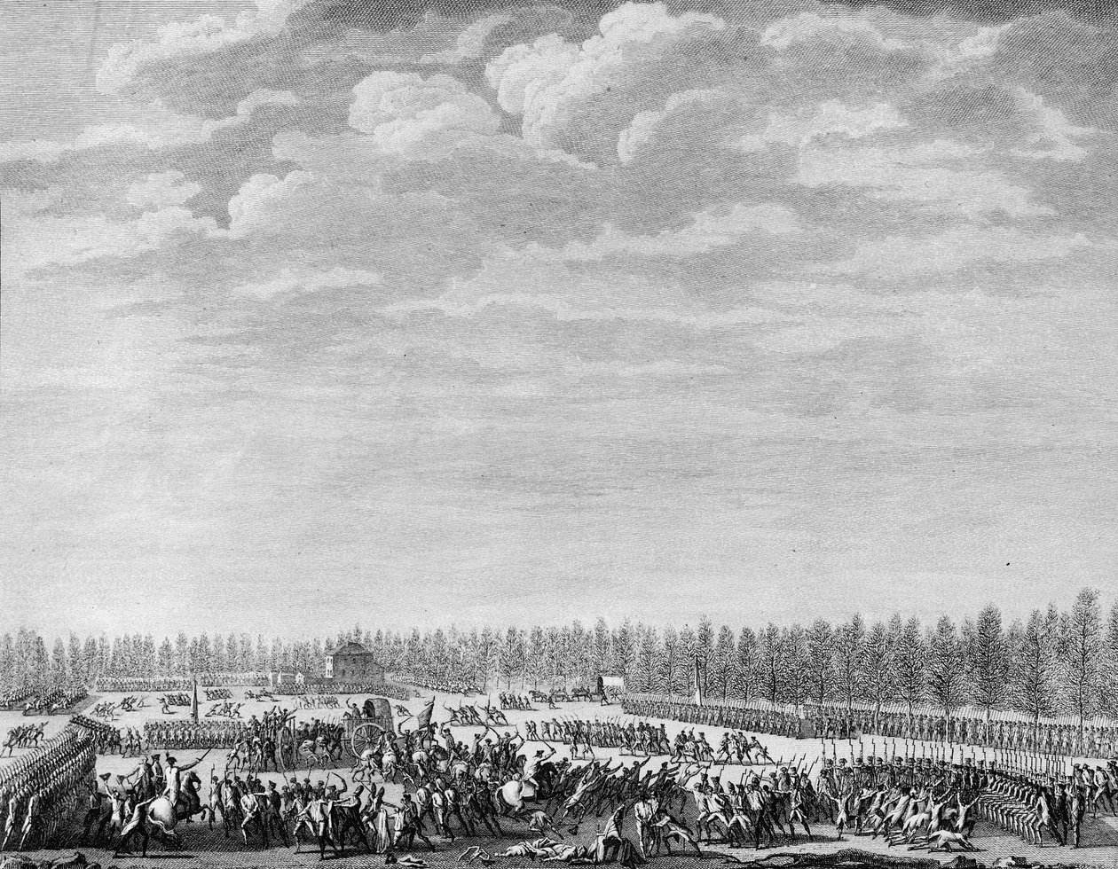 Ranskan vallankumous: Gilbert du Motier, markiisi de la Fayette (1757-1834) riisui kaksisataa sotilasta aseista kurittomuus Champs Elysees