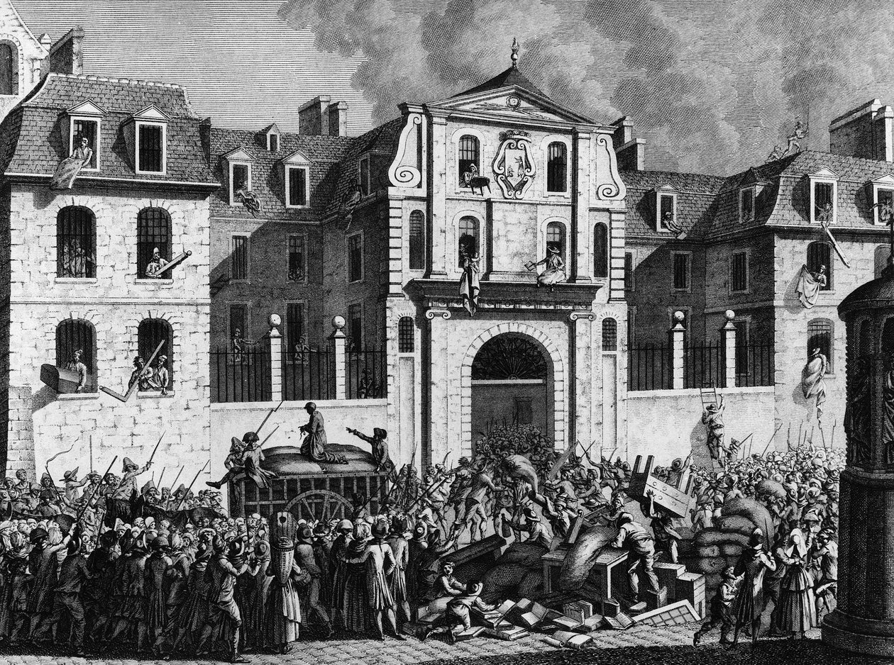 Ranskan vallankumous: Vallankumouksellisten ryöstöt Saint Lazaren talon Pariisissa maanantaina 13. heinäkuuta 1789. Kaiverrus Berthaut Priorin jälkeen. Pariisi, Vallankumouksen historian instituutin kirjasto tekijältä Jean Louis II (after) Prieur