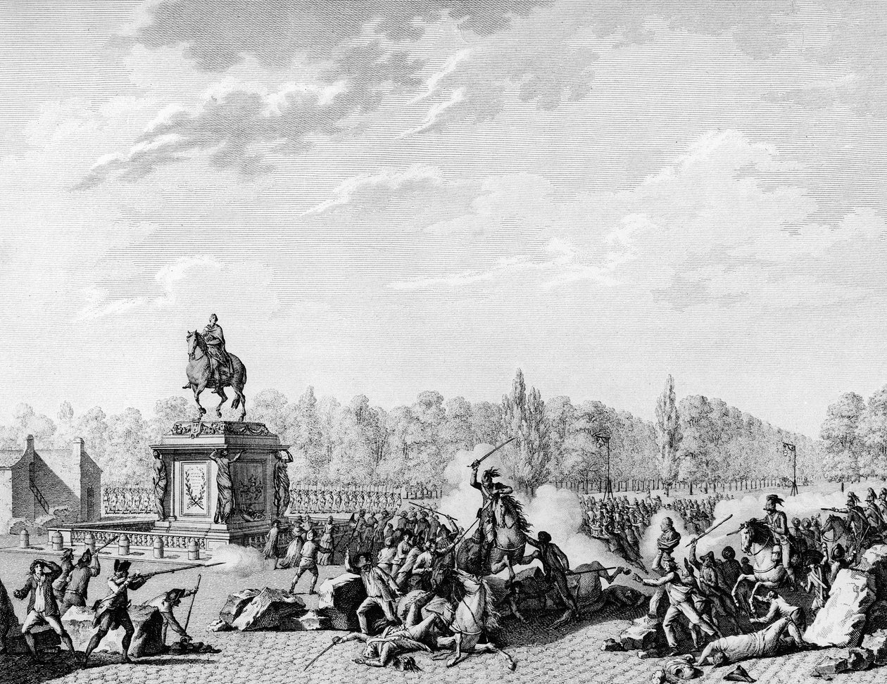Ranskan vallankumous: Place Louis XV, Charles Eugene de Lorraine, Lambescin prinssi (1754-1825) lohikäärmeet lastasivat korteesin, joka kantoi Jacques Neckerin (1732-1804) ja Orleansin herttuan rintakuvat 12. heinäkuuta 1789. Kaiverrus Berthaut Priorin jäl tekijältä Jean Louis II (after) Prieur