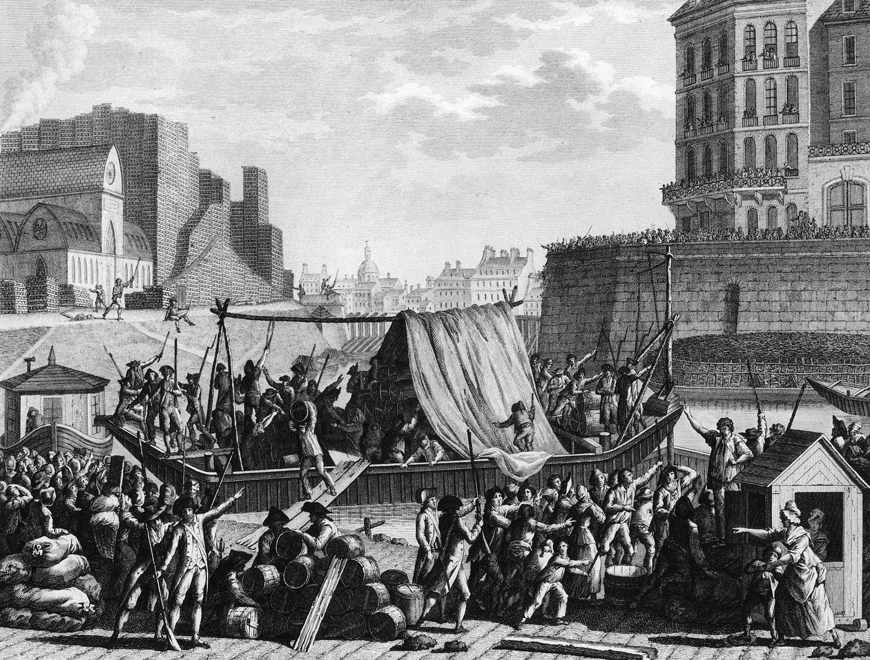 Ranskan vallankumous: Pulverivene pysähtyy Saint Paulin satamassa 6. elokuuta tekijältä Jean Louis II (after) Prieur