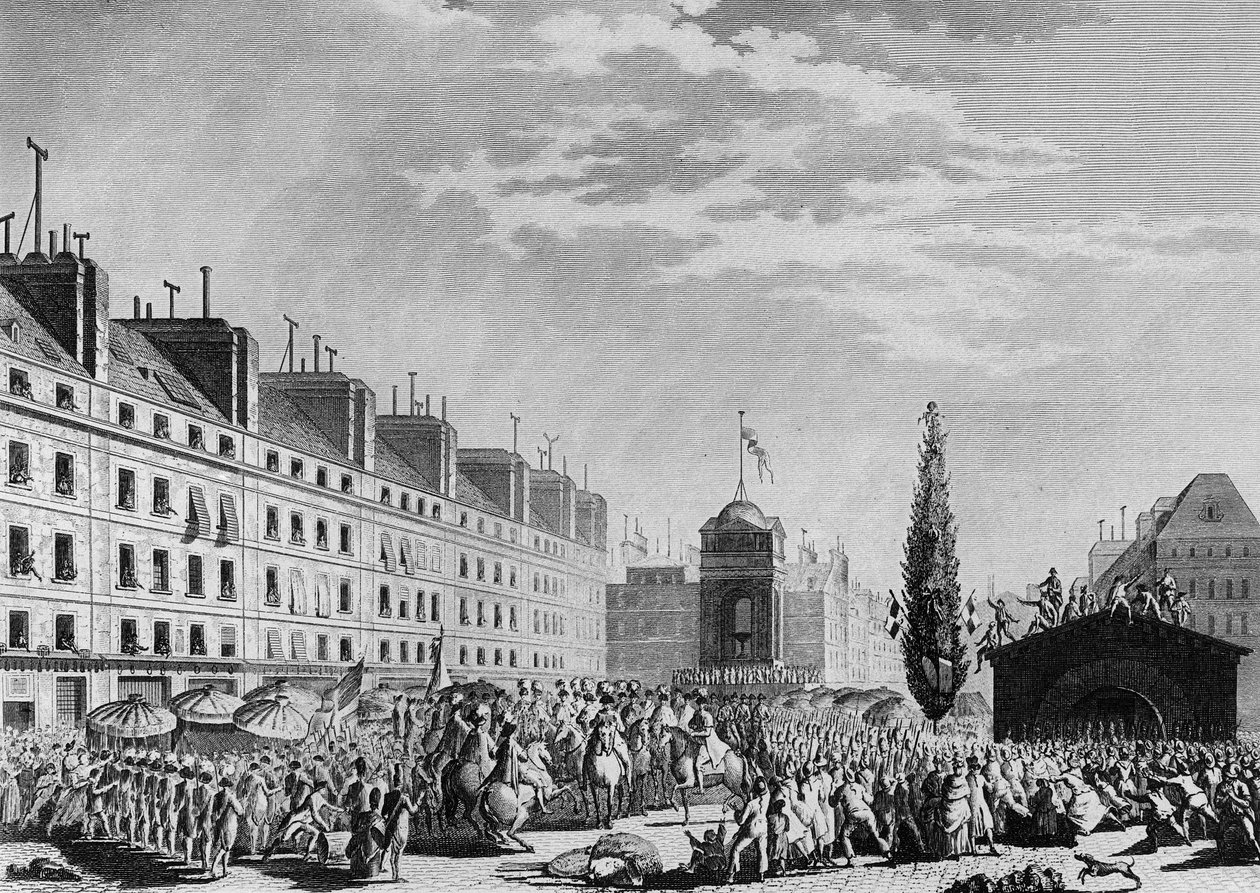 Ranskan vallankumous: perustuslain julistus (Perustuslaillinen monarkia: vallanjako ja perustuslaillisen monarkian instituutio) Place du Marche des Innocents Pariisissa 14. syyskuuta tekijältä Jean Louis II (after) Prieur