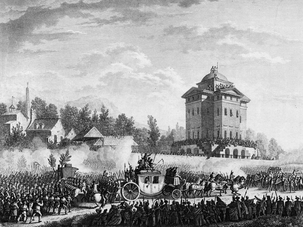 Ranskan vallankumous: Kuninkaallisen perheen paluu Varennesin pidätyksen jälkeen 20. ja 21. kesäkuuta 1791: Kuningas Ludvig XVI ja Marie Antoinette palautettiin Pariisiin 25. kesäkuuta 1791. Kaiverrus Priorin piirustuksen mukaan. Pariisi, Historian institu tekijältä Jean Louis II (after) Prieur