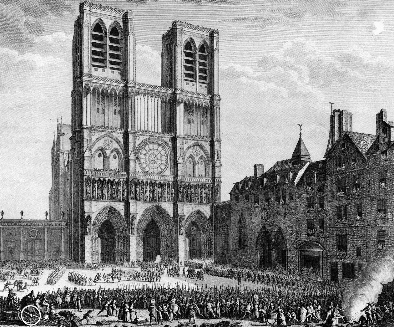 Ranskan vallankumous: Thomas de Mahy, markiisi de Favras (1744-1790) hyvittää Notre Dame de Parisin edessä La Citen saarella 19. helmikuuta tekijältä Jean Louis II (after) Prieur